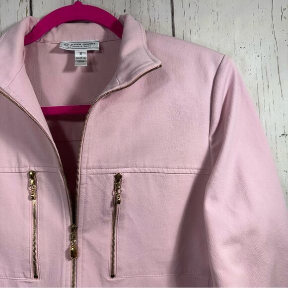 St John Sport By Marie Jacket Stretch Cotton Zipper Gold Detail Soft Pink Pocket - Picture 3 of 15